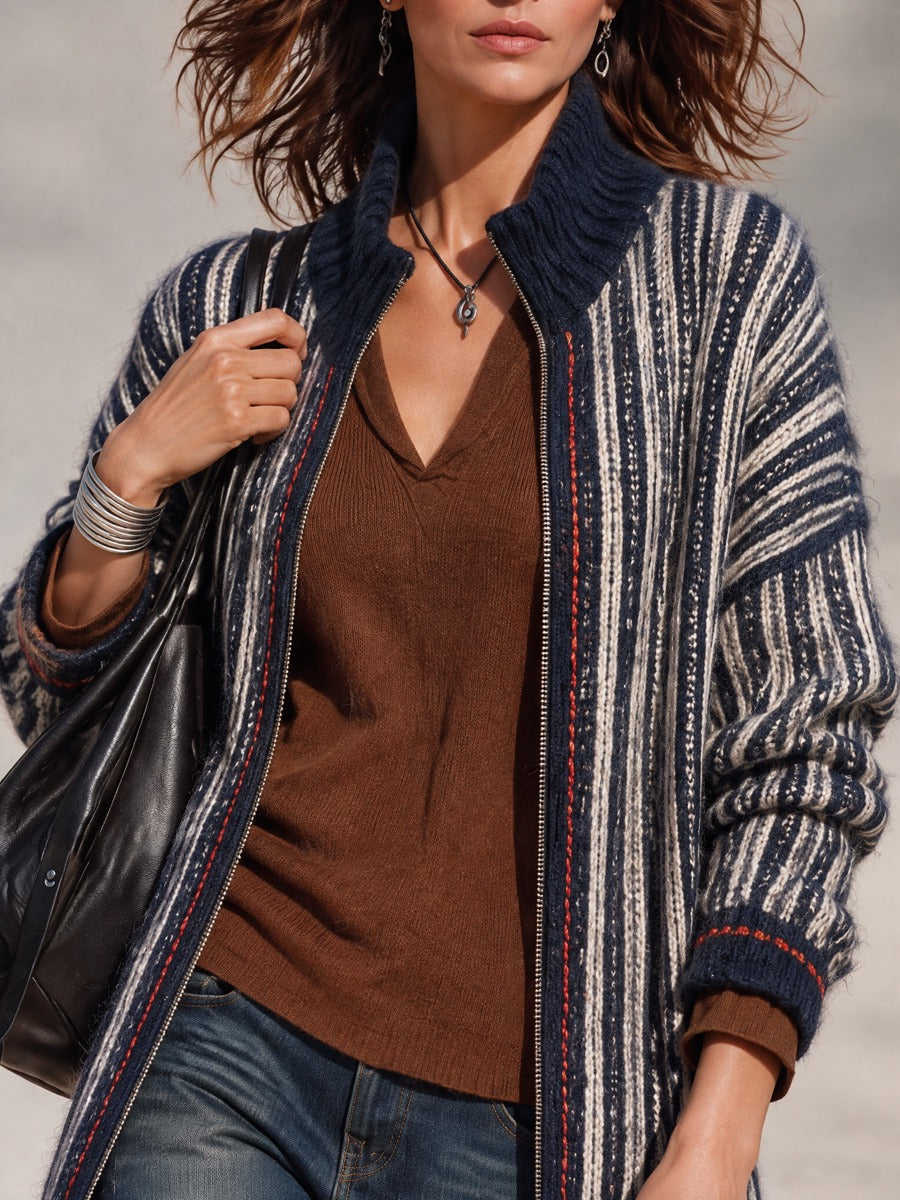 Women's Navy & Ivory Striped Longline Cardigan – Zip-Up Knit with Ribbed Stand Collar – view 6
