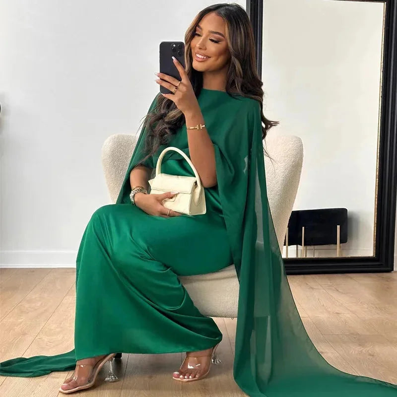 Lucy | Women’s Formal Maxi Wedding Guest Dress with Draped Cape