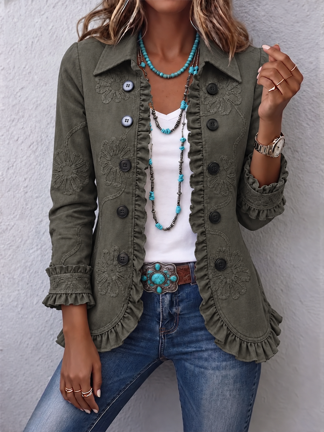 Women's Boho Ruffled Jacket – Point Collar, Nine Patterns – view 3