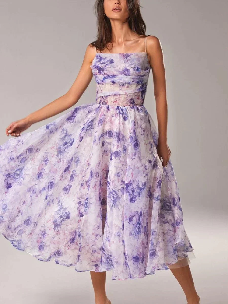 Arya | Women's Floral Midi Wedding Guest Dress with Ruffle Hem