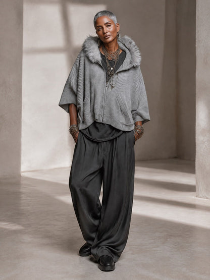 Women's Grey Ribbed Knit Hooded Zip Cardigan – Faux Fur Trim, Batwing Sleeves – view 3