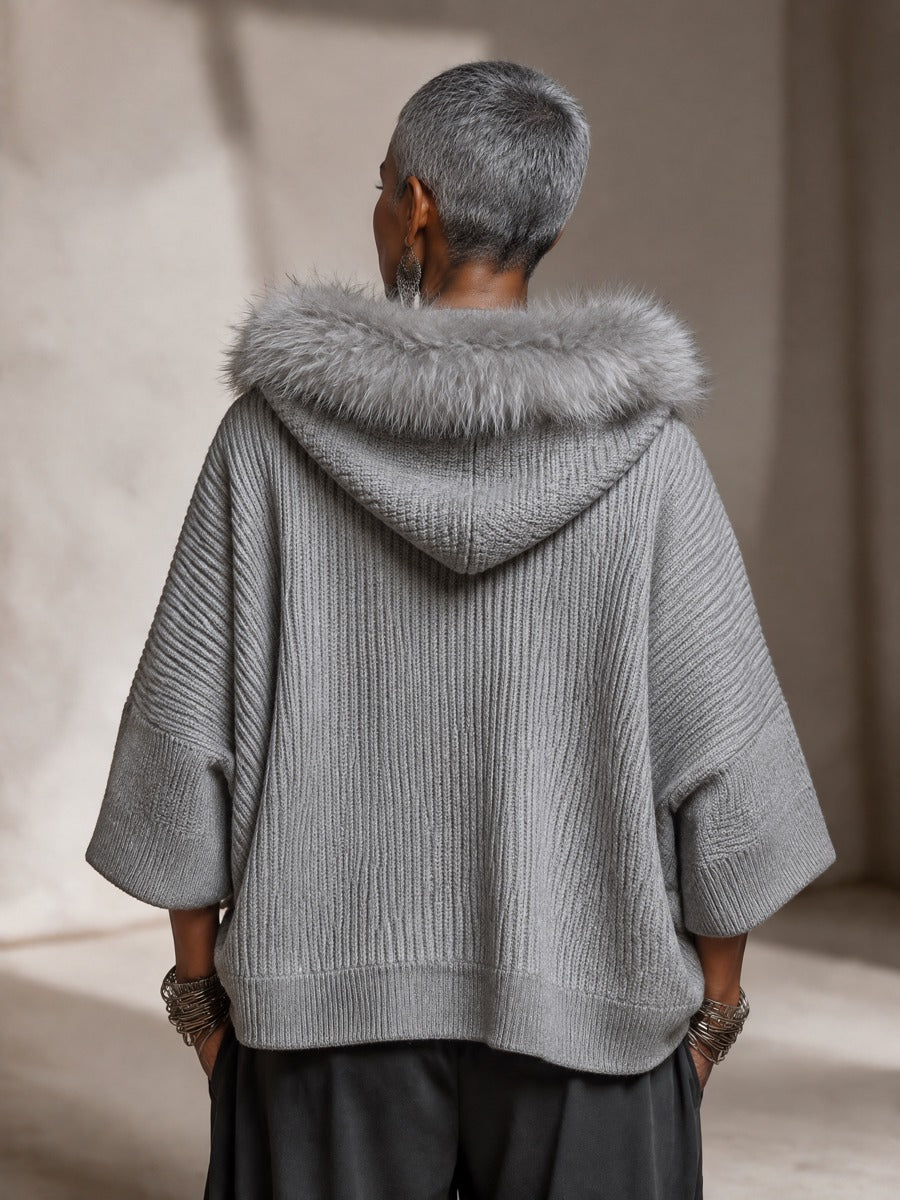 Women's Grey Ribbed Knit Hooded Zip Cardigan – Faux Fur Trim, Batwing Sleeves – view 6