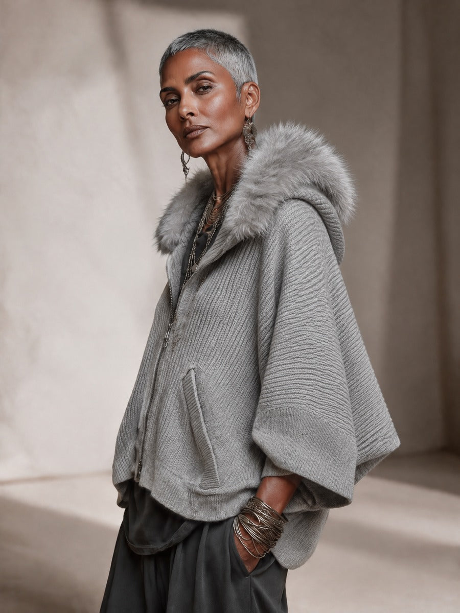 Women's Grey Ribbed Knit Hooded Zip Cardigan – Faux Fur Trim, Batwing Sleeves – view 5