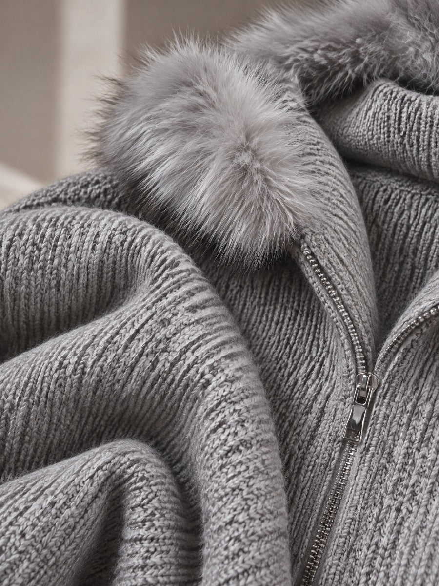 Women's Grey Ribbed Knit Hooded Zip Cardigan – Faux Fur Trim, Batwing Sleeves – view 7