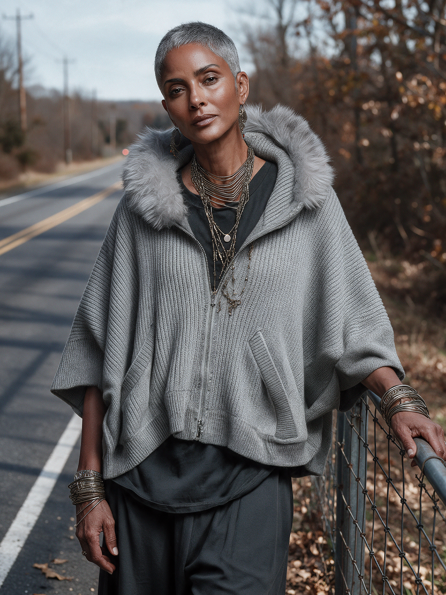 Women's Grey Ribbed Knit Hooded Zip Cardigan – Faux Fur Trim, Batwing Sleeves – view 2