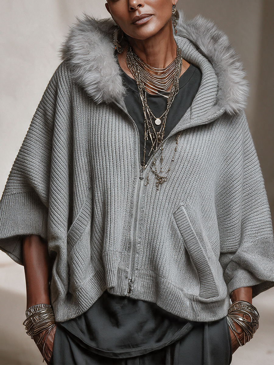 Women's Grey Ribbed Knit Hooded Zip Cardigan – Faux Fur Trim, Batwing Sleeves