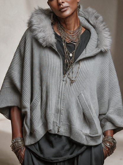 Women's Grey Ribbed Knit Hooded Zip Cardigan – Faux Fur Trim, Batwing Sleeves