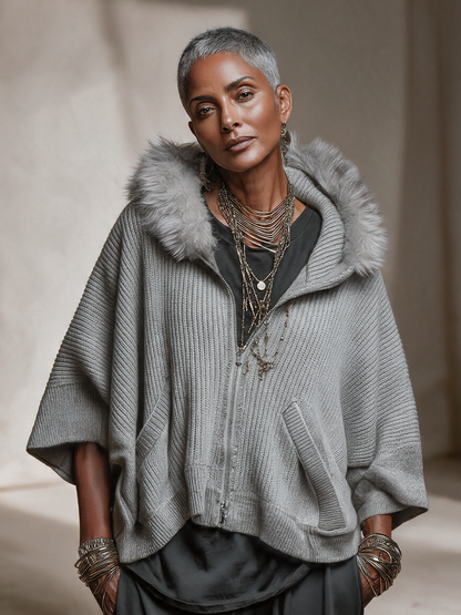 Women's Grey Ribbed Knit Hooded Zip Cardigan – Faux Fur Trim, Batwing Sleeves – view 4