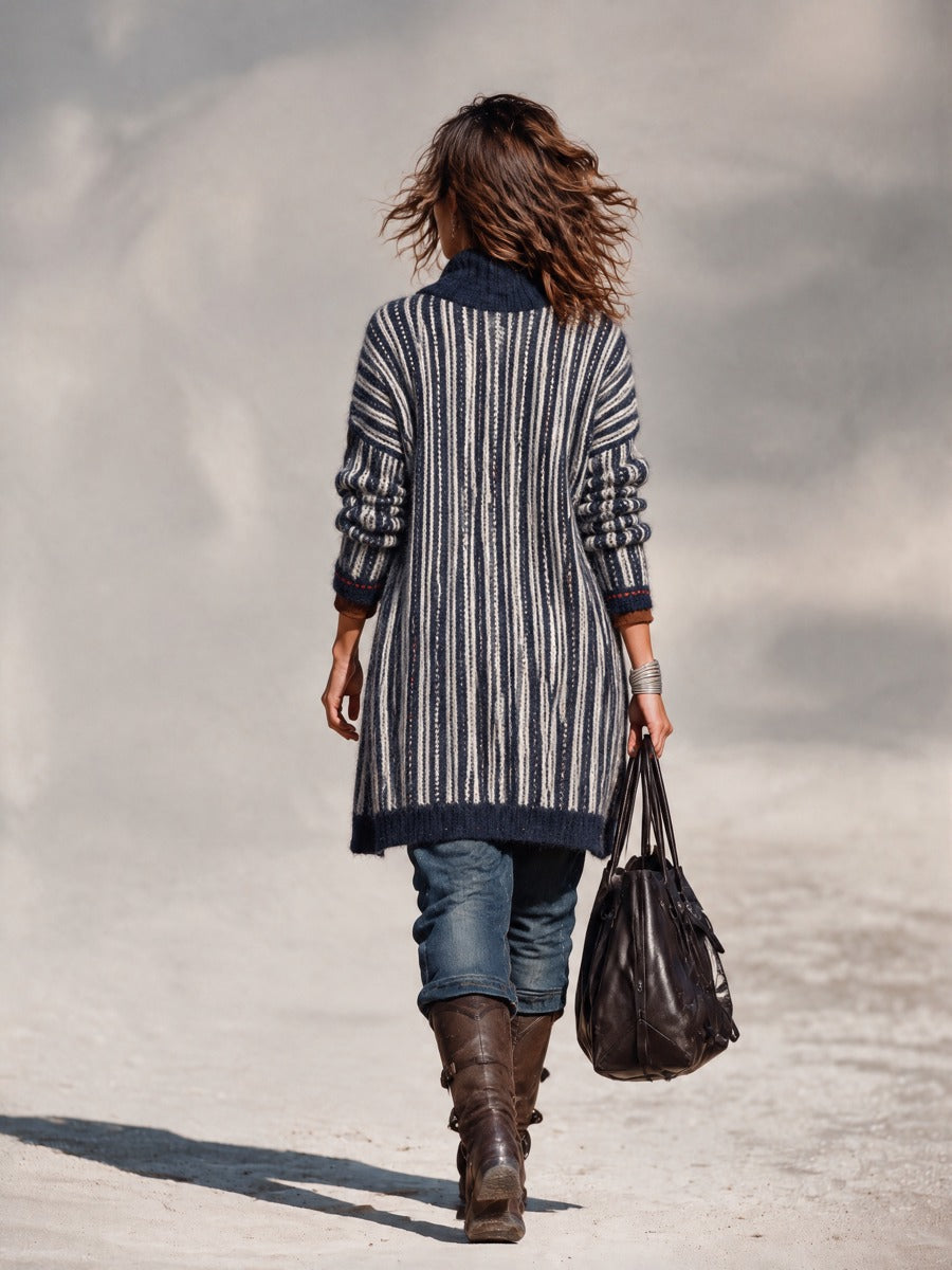 Women's Navy & Ivory Striped Longline Cardigan – Zip-Up Knit with Ribbed Stand Collar – view 5
