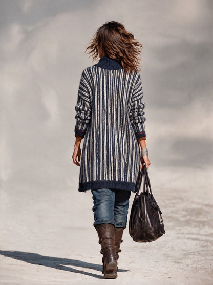 Women's Navy & Ivory Striped Longline Cardigan – Zip-Up Knit with Ribbed Stand Collar – view 5
