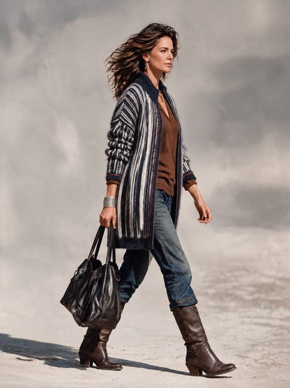 Women's Navy & Ivory Striped Longline Cardigan – Zip-Up Knit with Ribbed Stand Collar – view 4