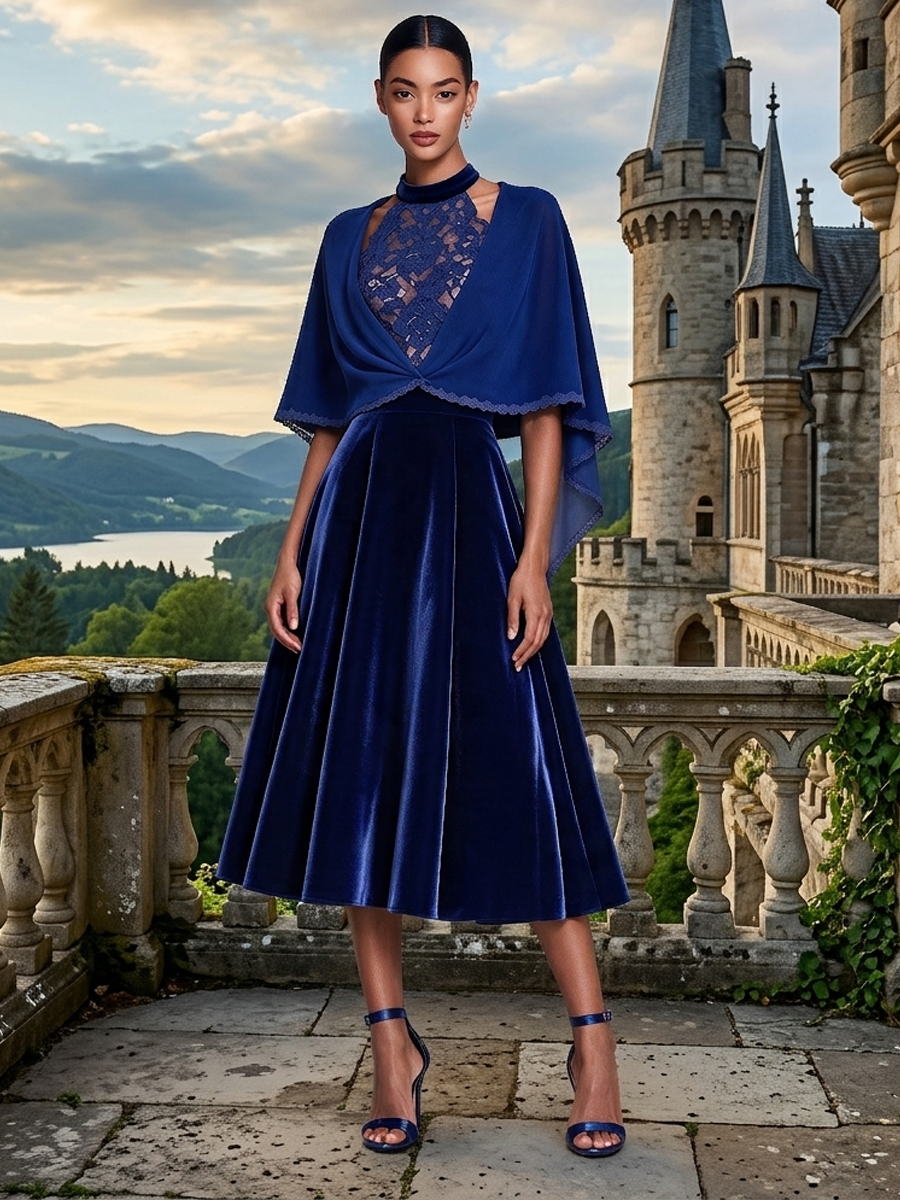 Women's Royal Blue Velvet Midi Dress with Chiffon Bolero – Two-Piece Formal Set – view 3