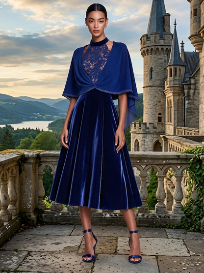Women's Royal Blue Velvet Midi Dress with Chiffon Bolero – Two-Piece Formal Set – view 3