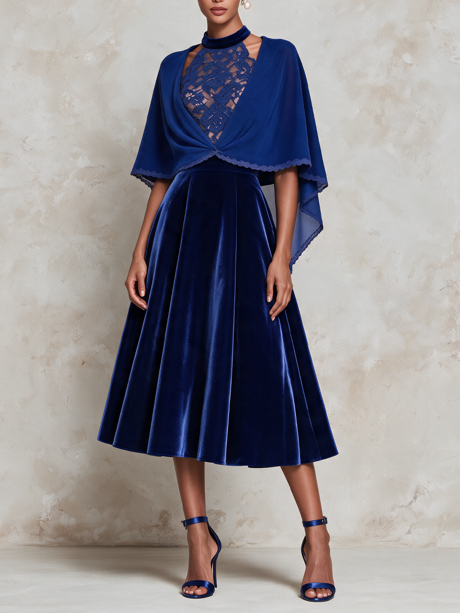 Women's Royal Blue Velvet Midi Dress with Chiffon Bolero – Two-Piece Formal Set