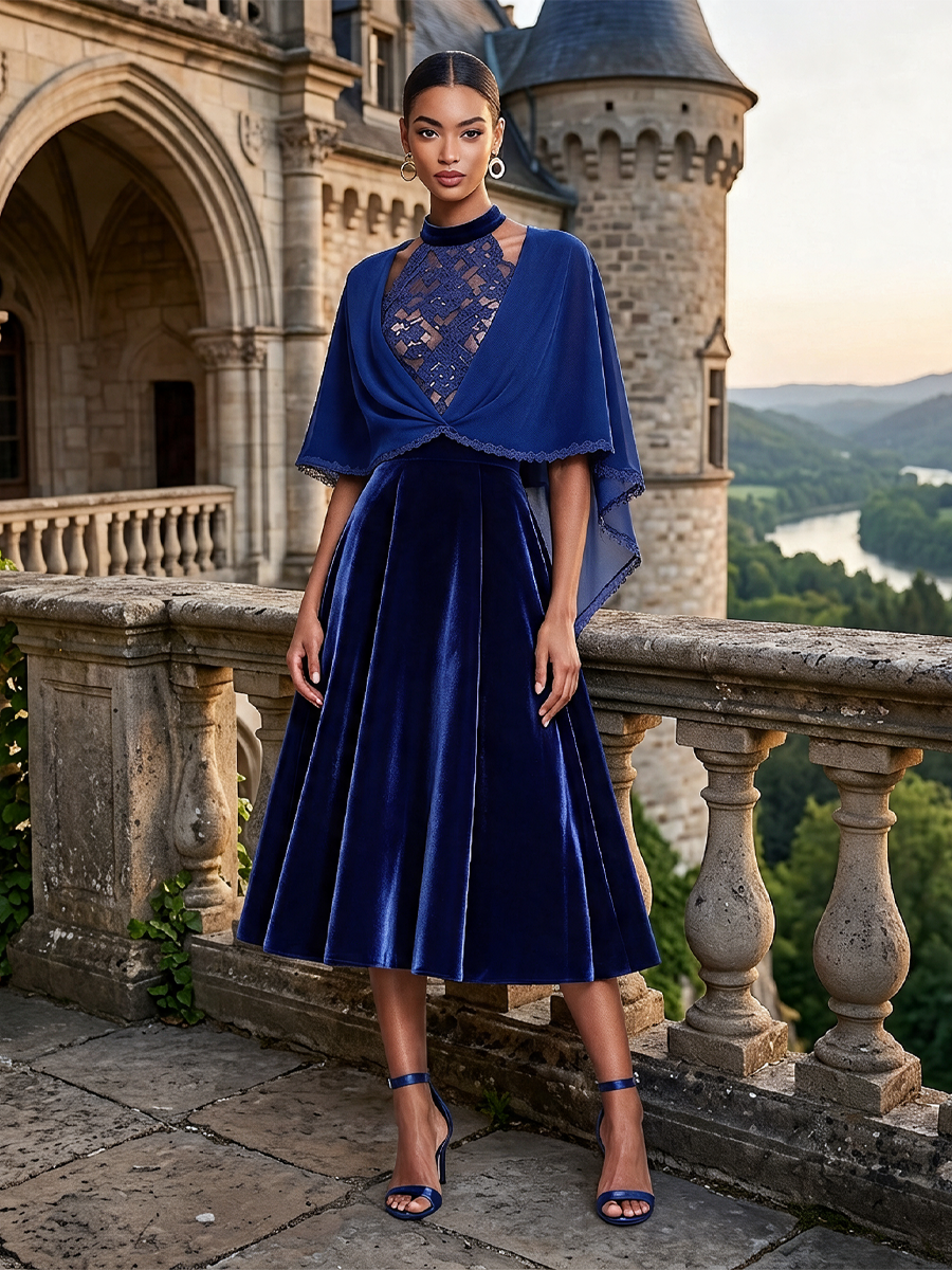 Women's Royal Blue Velvet Midi Dress with Chiffon Bolero – Two-Piece Formal Set – view 2