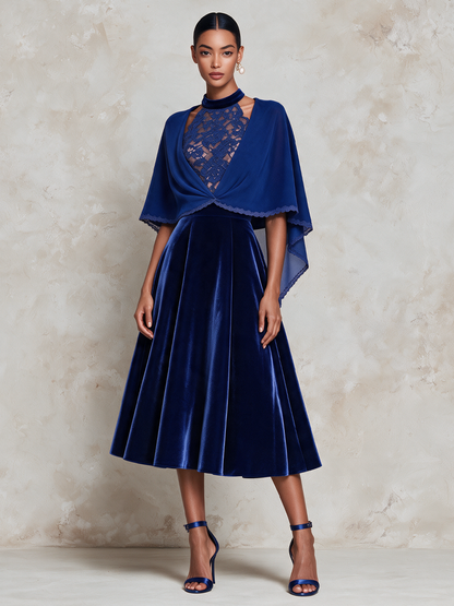 Women's Royal Blue Velvet Midi Dress with Chiffon Bolero – Two-Piece Formal Set – view 4