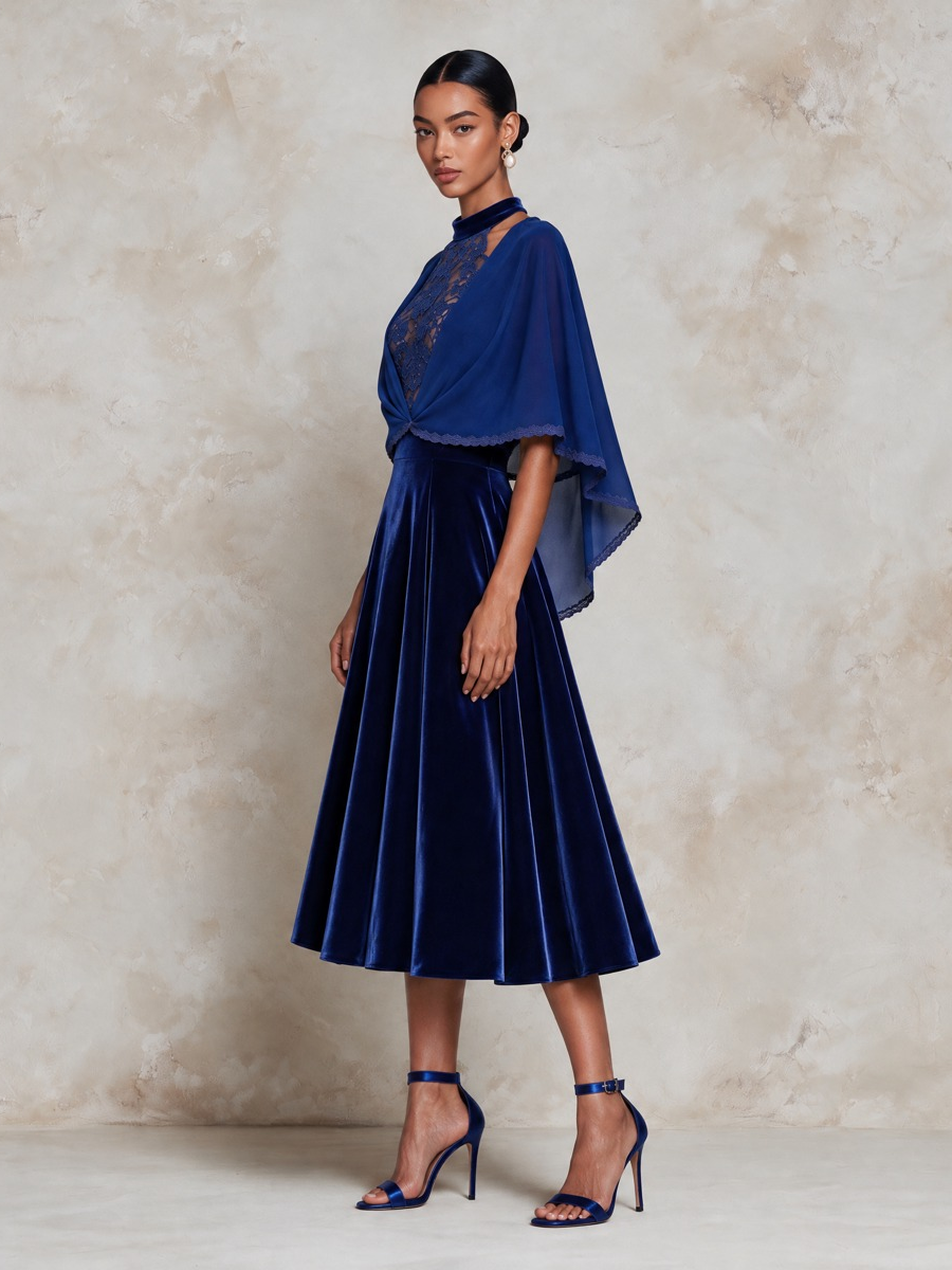 Women's Royal Blue Velvet Midi Dress with Chiffon Bolero – Two-Piece Formal Set – view 6