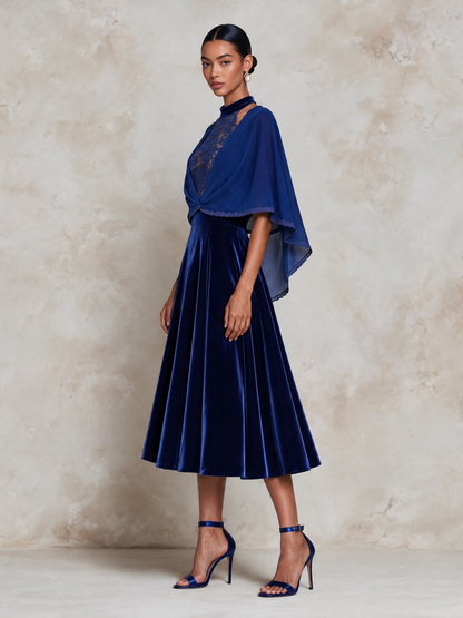 Women's Royal Blue Velvet Midi Dress with Chiffon Bolero – Two-Piece Formal Set – view 6