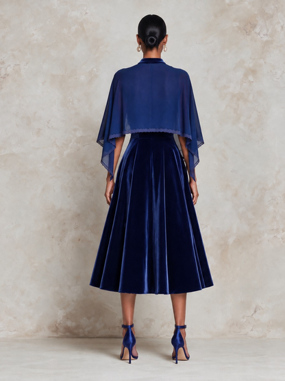 Women's Royal Blue Velvet Midi Dress with Chiffon Bolero – Two-Piece Formal Set – view 5