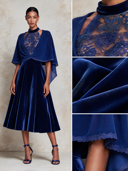 Women's Royal Blue Velvet Midi Dress with Chiffon Bolero – Two-Piece Formal Set – view 7