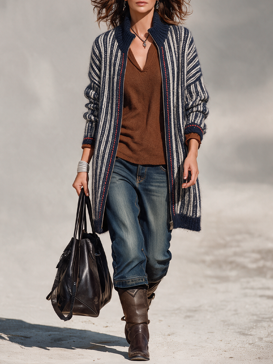Women's Navy & Ivory Striped Longline Cardigan – Zip-Up Knit with Ribbed Stand Collar