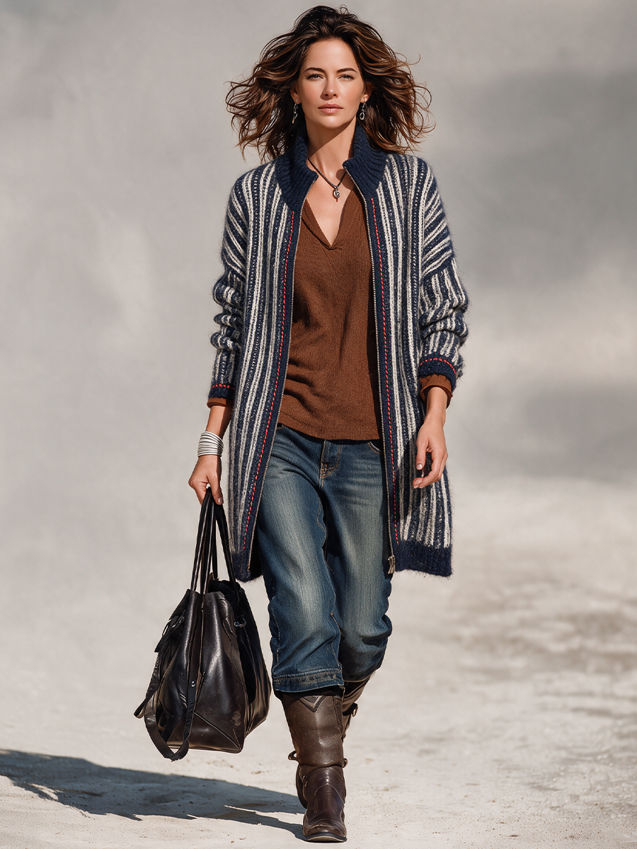 Women's Navy & Ivory Striped Longline Cardigan – Zip-Up Knit with Ribbed Stand Collar – view 3