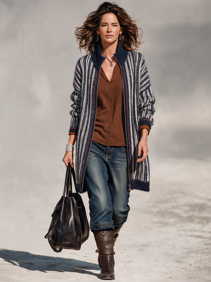 Women's Navy & Ivory Striped Longline Cardigan – Zip-Up Knit with Ribbed Stand Collar – view 3