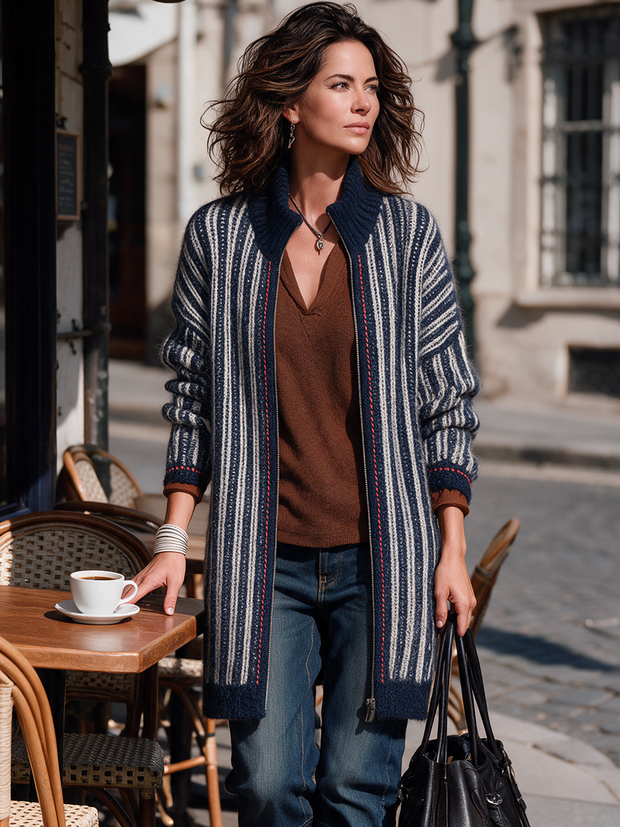 Women's Navy & Ivory Striped Longline Cardigan – Zip-Up Knit with Ribbed Stand Collar – view 2