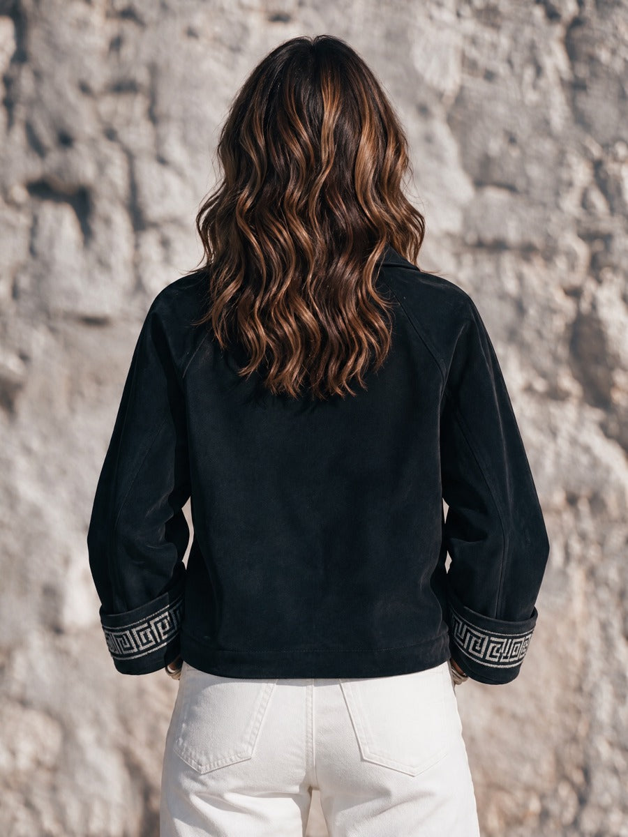 Women's Black Faux Suede Jacket – Button-Front with Embroidered Cuffs, Retro Style – view 6