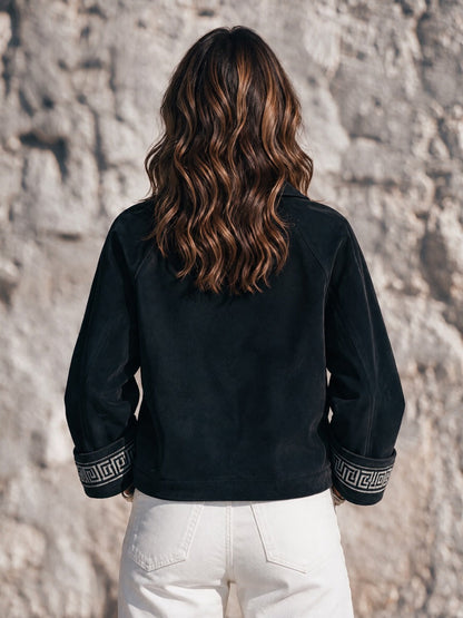 Women's Black Faux Suede Jacket – Button-Front with Embroidered Cuffs, Retro Style – view 6