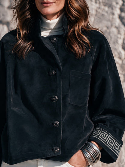 Women's Black Faux Suede Jacket – Button-Front with Embroidered Cuffs, Retro Style – view 7