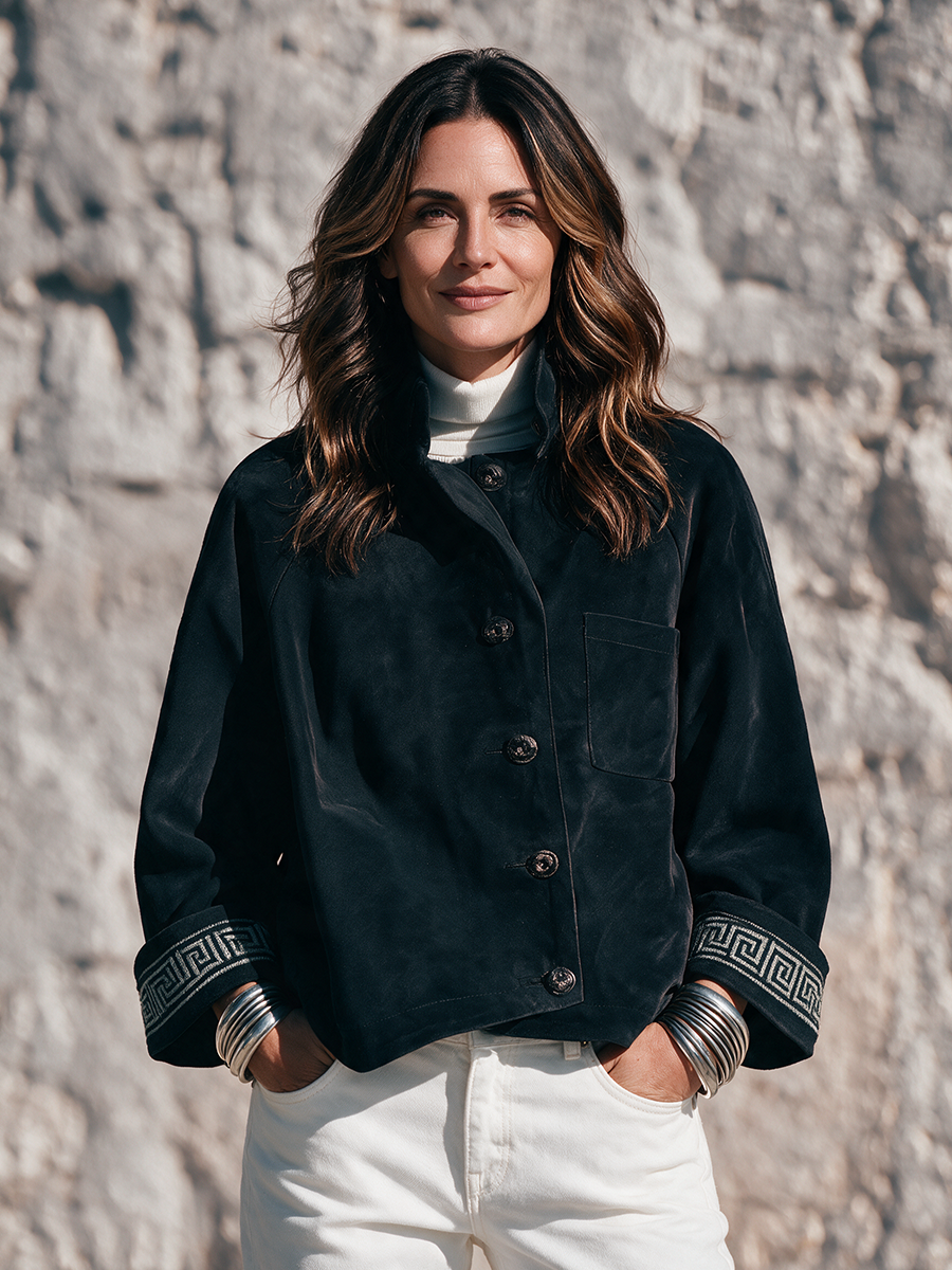 Women's Black Faux Suede Jacket – Button-Front with Embroidered Cuffs, Retro Style – view 4