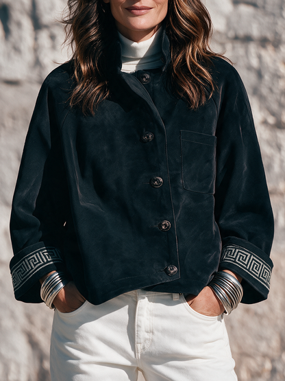 Women's Black Faux Suede Jacket – Button-Front with Embroidered Cuffs, Retro Style