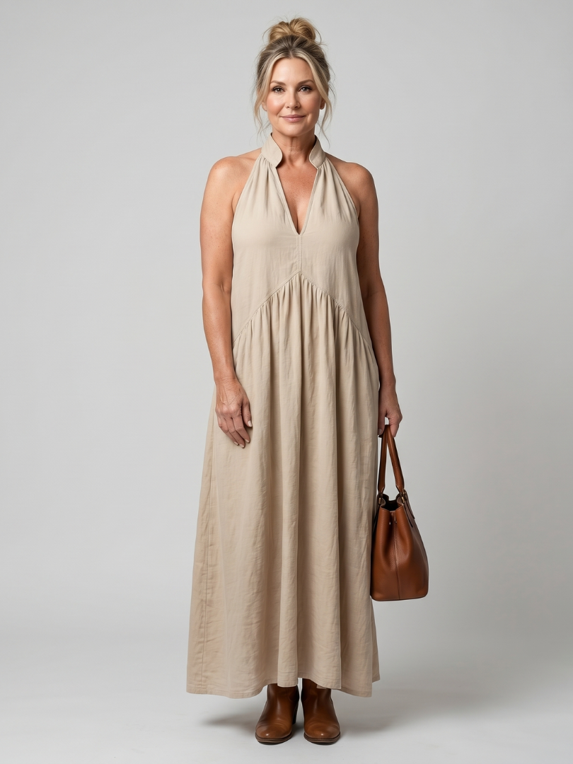Adelina - Halter Neck Relaxed Flowing Silhouette Midi Dress