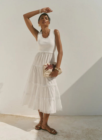 White Crochet Trim Tiered Midi Dress