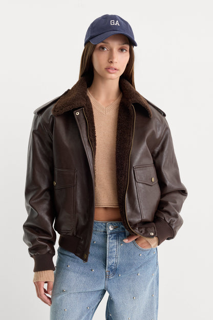 Faux Leather Flight Jacket with Faux-Fur Collar – Deep Chocolate