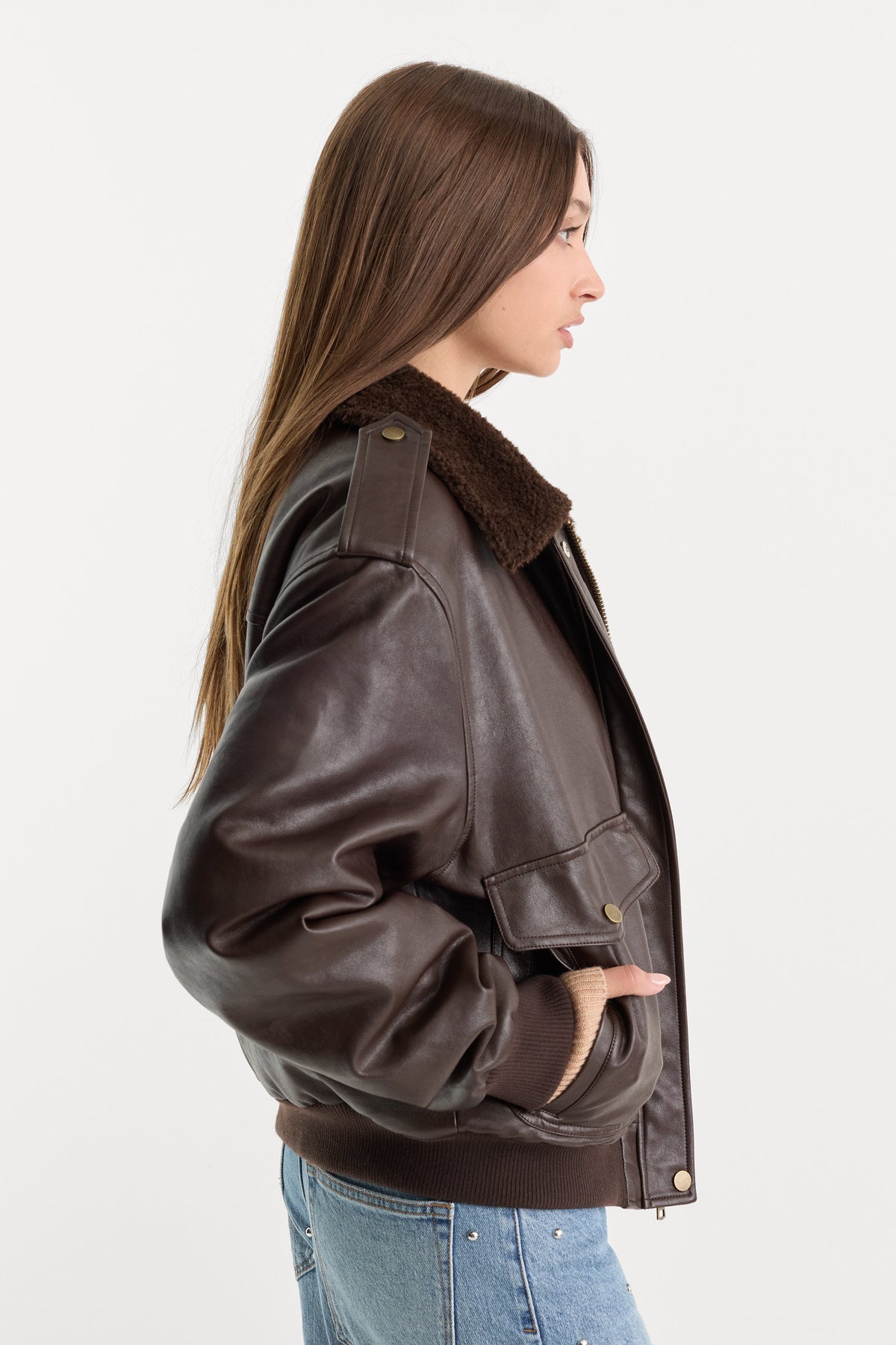Faux Leather Flight Jacket with Faux-Fur Collar – Deep Chocolate – view 2