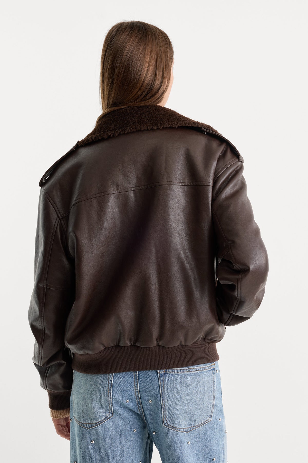 Faux Leather Flight Jacket with Faux-Fur Collar – Deep Chocolate – view 3