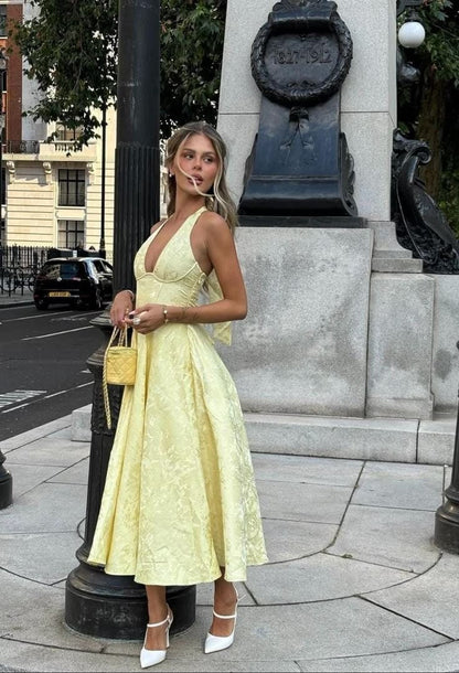 Monica | Women's Elegant Midi Wedding Guest Dress with Halter Neckline