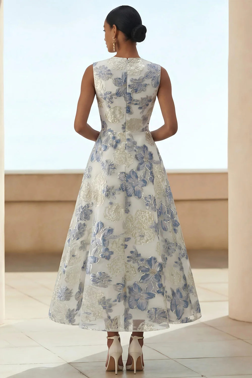 Dusty Blue A-Line Floral Wedding Guest Dress With Pockets