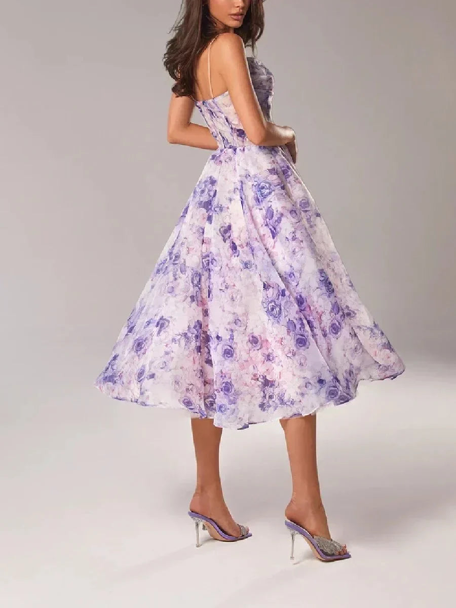 Arya | Women's Floral Midi Wedding Guest Dress with Ruffle Hem