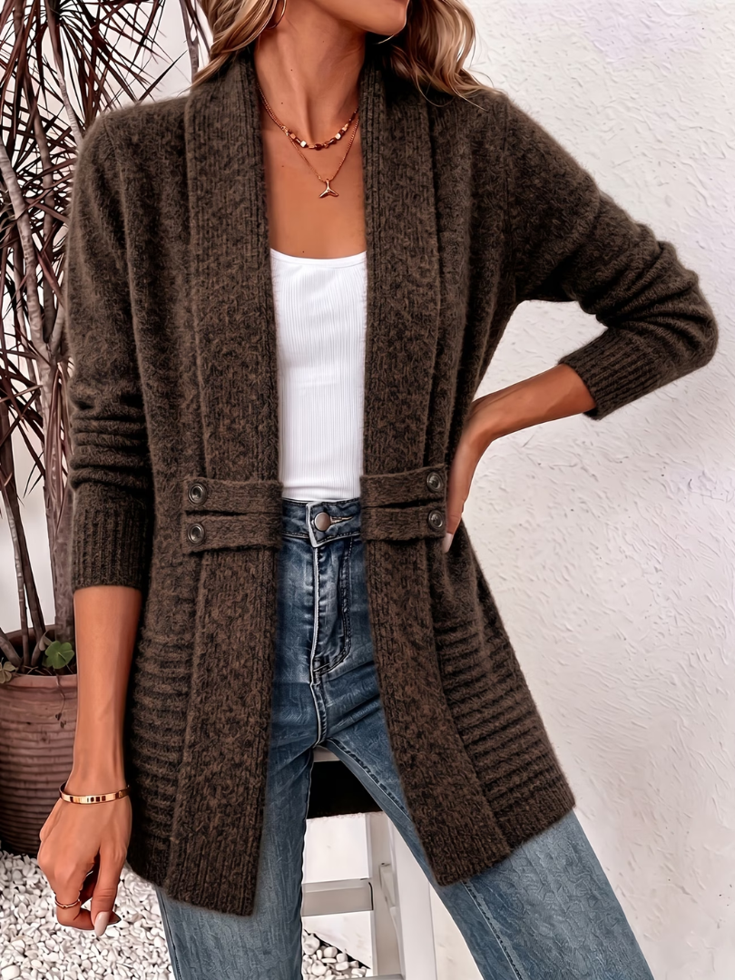 Women's Cozy Knit Cardigan – Open Front Marled Knit with Waist Buttons – view 4