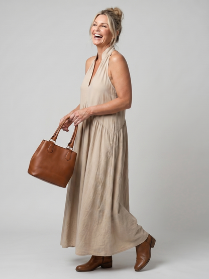 Adelina - Halter Neck Relaxed Flowing Silhouette Midi Dress