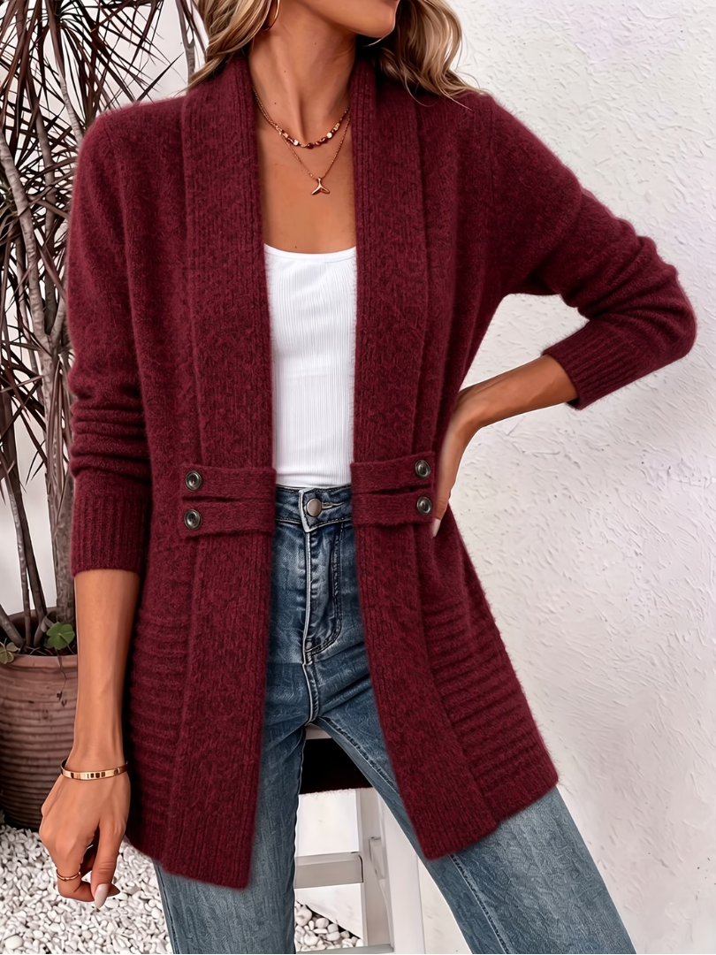 Women's Cozy Knit Cardigan – Open Front Marled Knit with Waist Buttons – view 3