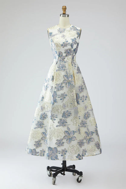 Dusty Blue A-Line Floral Wedding Guest Dress With Pockets