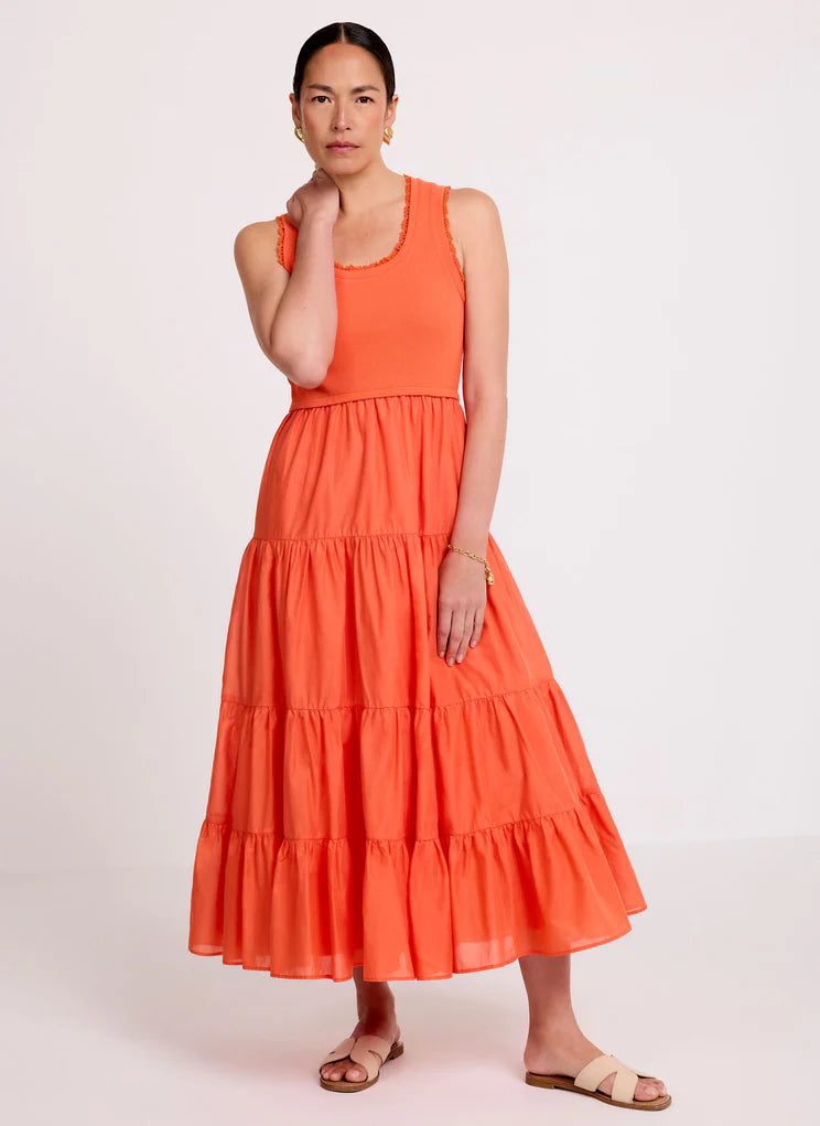 White Crochet Trim Tiered Midi Dress