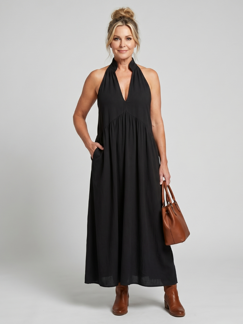 Adelina - Halter Neck Relaxed Flowing Silhouette Midi Dress