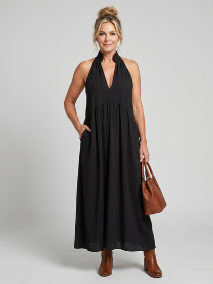 Adelina - Halter Neck Relaxed Flowing Silhouette Midi Dress
