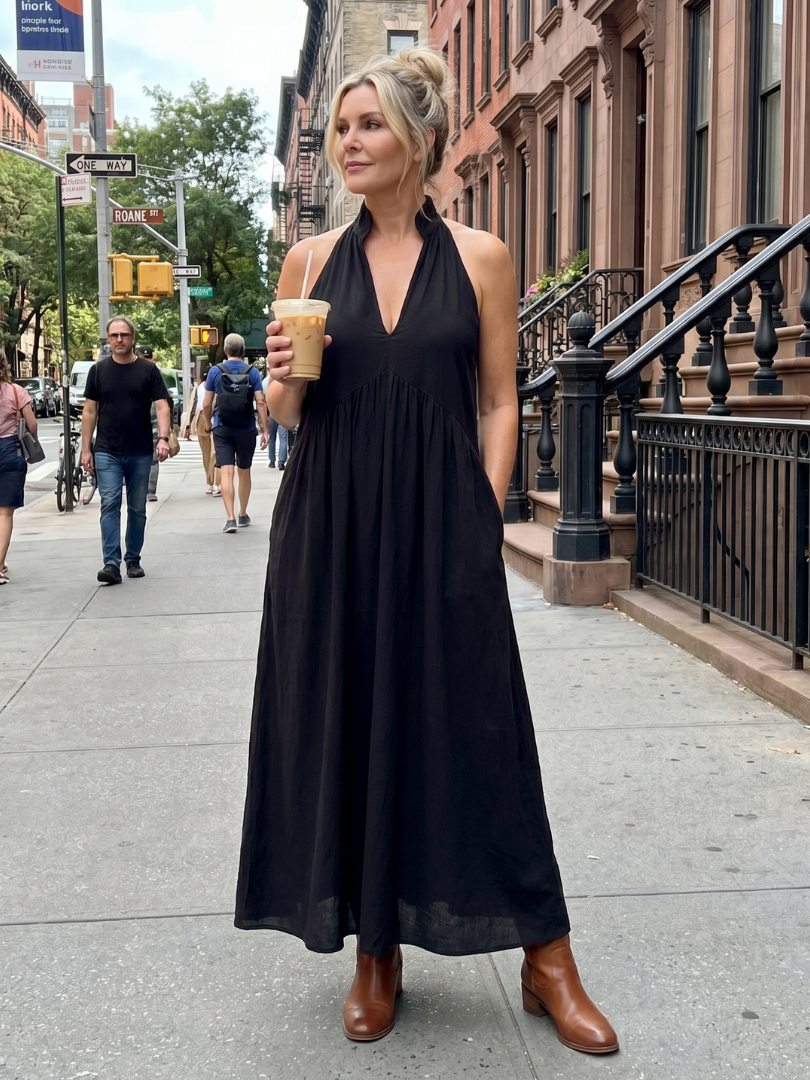 Adelina - Halter Neck Relaxed Flowing Silhouette Midi Dress