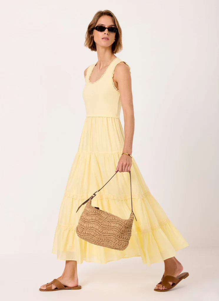 White Crochet Trim Tiered Midi Dress